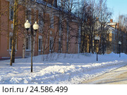 Мончегорск, Россия: Аллея имени Ермакова - пешеходная часть улицы Стахановская в маленьком северном провинциальном российском городе Мончегорске в солнечный зимний морозный день (2015 год). Стоковое фото, фотограф Елена Александрова / Фотобанк Лори