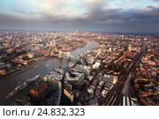 London aerial view with Tower Bridge in sunset time, UK (2014 год). Стоковое фото, фотограф Iakov Kalinin / Фотобанк Лори