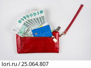 Красный кошелек из которого торчат деньги и кредитки, на белом фоне. Стоковое фото, фотограф Иванов Алексей / Фотобанк Лори