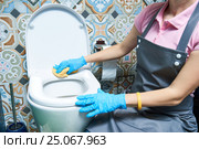 Cleaning service. woman clean toilet sink. Стоковое фото, фотограф Дмитрий Калиновский / Фотобанк Лори