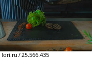 Chef Hand Put Grilled Vegetables On Board Food Background. Стоковое видео, видеограф Станислав Панкратов / Фотобанк Лори