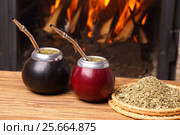 Hot mate in calabashes on the background the fireplace. Стоковое фото, фотограф Феликс Хромых / Фотобанк Лори