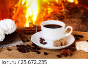 Coffee with spices and marshmallows on a background of a burning fireplace. Стоковое фото, фотограф Феликс Хромых / Фотобанк Лори