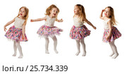 Cute little girl jumping with joy isolated on white background. Стоковое фото, фотограф Владимир Мельников / Фотобанк Лори