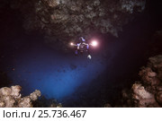 Underwater videooperator shoting in the canyon, Red sea, Dahab, Sinai Peninsula, Egypt (2016 год). Редакционное фото, фотограф Некрасов Андрей / Фотобанк Лори
