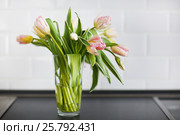 Pink tulips bouquet in glass vase on the kitchen. Стоковое фото, фотограф Дарья Петренко / Фотобанк Лори
