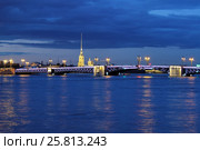 Санкт-Петербург. Дворцовый мост через Неву ночью (2016 год). Редакционное фото, фотограф A Челмодеев / Фотобанк Лори