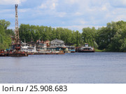 River bay with rusty cranes, old pier on sunny day among green trees and bushes. Стоковое фото, фотограф Светлана Додух / Фотобанк Лори