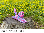 Котик из носочков. Детская игрушка на пеньке на фоне цветущих лютиков. Стоковое фото, фотограф Истомина Елена / Фотобанк Лори