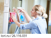 Cleaning service. hotel staff clean mirror. Стоковое фото, фотограф Дмитрий Калиновский / Фотобанк Лори