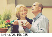 Mature couple on balcony with coffee. Стоковое фото, фотограф Яков Филимонов / Фотобанк Лори