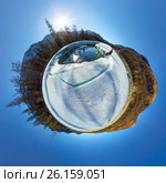 Spherical 360 180 panorama of a man on an ice melting river. Стоковое фото, фотограф Zakirov Aleksey / Фотобанк Лори