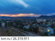 Вечерный вид на освещенный Судак в Крыму летом (2015 год). Стоковое фото, фотограф Дмитрий Тищенко / Фотобанк Лори