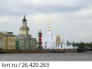Санкт-Петербург. Вид на Биржевую площадь, Петропавловский собор, Кунсткамеру и Ростральную колонну (2007 год). Редакционное фото, фотограф Дмитрий Щукин / Фотобанк Лори