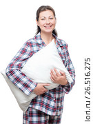 Beautiful young woman in pajama with pillow posing on white background. Стоковое фото, фотограф Константин Лабунский / Фотобанк Лори