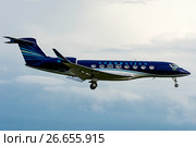 Gulfstream Aerospace G-VI Gulfstream G650 (бортовой 4K-AI88) авиакомпании Azerbaijan Airlines на посадке во Внукове (2017 год). Редакционное фото, фотограф Alexei Tavix / Фотобанк Лори