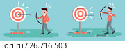 Vector illustration businessman hits target unsuccessful and successful shot from bow right wrong solution business failure or excellent marketing unlucky idea win loss start-up in flat style. Стоковая иллюстрация, иллюстратор Maryna Bolsunova / Фотобанк Лори