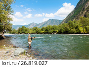 Рыбалка нахлыстом на реке Башкаус. Горный Алтай. Стоковое фото, фотограф Ильин Сергей / Фотобанк Лори