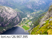 Aerial View of Lysefjord and Lysebotn from the mountain Kjerag, in Forsand municipality. Стоковое фото, фотограф Алексей Ширманов / Фотобанк Лори