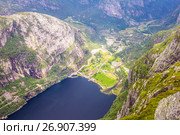 Aerial View of Lysefjord and Lysebotn from the mountain Kjerag, in Forsand municipality. Стоковое фото, фотограф Алексей Ширманов / Фотобанк Лори