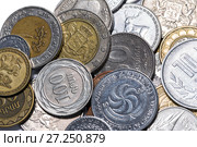 Stacks of Georgian, Armenian and Thailand coins on a white background. Стоковое фото, фотограф Евгений Ткачёв / Фотобанк Лори