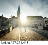 city center of Zurich with famous Fraumunster Church, Switzerland (2017 год). Стоковое фото, фотограф Iakov Kalinin / Фотобанк Лори