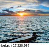 Sunset and drowned boat on summer lake bank. Стоковое фото, фотограф Юрий Брыкайло / Фотобанк Лори