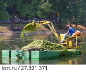 Рабочий на плавающем экскаваторе очищает от водорослей водоем. Чистые Пруды. Басманный район. Город Москва (2008 год). Стоковое фото, фотограф lana1501 / Фотобанк Лори