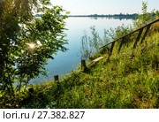 Summer lake calm shore with wood steeps to the water. Стоковое фото, фотограф Юрий Брыкайло / Фотобанк Лори