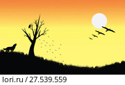 The owl sits on a lonely tree. The wolf howls under a tree. Birds fly to the south. Approximation of winter. Стоковая иллюстрация, иллюстратор Евгений Ткачёв / Фотобанк Лори