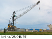 Мобильный портовый кран Liebherr в Имеретинском морском порту в устье реки Мзымта. Пасмурный летний вечер (2017 год). Редакционное фото, фотограф Наталья Гармашева / Фотобанк Лори