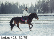 Winter teenage girl jump horse ride jumping. Стоковое фото, фотограф Julia Shepeleva / Фотобанк Лори