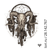 Tattoo aries and dream catcher. Zodiac sign with decorative elements of Indian and boho. Стоковая иллюстрация, иллюстратор Александр Павлов / Фотобанк Лори