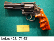 MOSCOW - SEP 22, 2016: Smith and Wesson gun at museum on Petrovka, 38, Main Department of Moscow Ministry of Internal Affairs, text - Smith and Wesson, USA. Редакционное фото, фотограф Losevsky Pavel / Фотобанк Лори