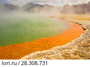 Steaming water at the Champagne Pool, Waiotapu Thermal Reserve, Rotorua, New Zealand. Стоковое фото, агентство BE&W Photo / Фотобанк Лори