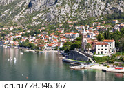 Montenegro. Kotor Bay. Top view to the beautiful Church of St. Matthew (Crkva Sv. Matije, 1670) during the restoration in the Dobrota town (2016 год). Стоковое фото, фотограф Виктория Катьянова / Фотобанк Лори