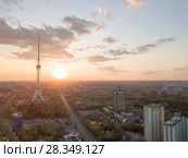view of the city of Kiev with Dorogozhychi distric with a TV tower on sunset. Стоковое фото, фотограф Ярослав Данильченко / Фотобанк Лори