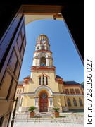 NEW ATHOS, ABKHAZIA, GEORGIA, 19 SEPTEMBER 2017: Chapel of Monastery of St. Simon the Canaanite on a sunny summer day. View from the doorway of the temple. Редакционное фото, фотограф Олег Белов / Фотобанк Лори