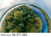 TV tower Sphere Planet. Bridge and houses in Riga city, Latvia 360 VR Drone picture for Virtual reality, Panorama. Стоковое фото, фотограф Aleksejs Bergmanis / Фотобанк Лори