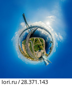 Sphere Planet. Bridge and houses in Riga city, Latvia 360 VR Drone picture for Virtual reality, Panorama. Стоковое фото, фотограф Aleksejs Bergmanis / Фотобанк Лори