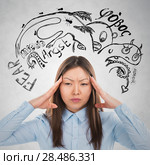 Young business woman thinking of her fearsand doubts closeup face portrait and sketches overhead. Стоковое фото, фотограф Kirill Kedrinskiy / Ingram Publishing / Фотобанк Лори