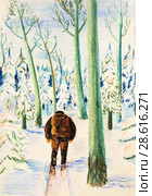 A man on skis walking through the winter forest. The aspen tree is illuminated by the bright sun. Стоковая иллюстрация, иллюстратор Олег Хархан / Фотобанк Лори