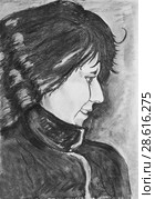 Portrait of a beautiful girl with long hair. Charcoal drawing on paper. Стоковая иллюстрация, иллюстратор Олег Хархан / Фотобанк Лори
