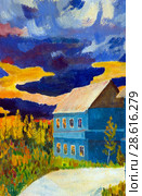 Autumn landscape with a house on the background of a storm sky at sunset. Стоковая иллюстрация, иллюстратор Олег Хархан / Фотобанк Лори