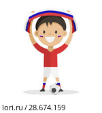 Football player with a ball on a white background raises a scarf with the flag of Russia over his head. Vector illustration. Стоковая иллюстрация, иллюстратор Анастасия Улитко / Фотобанк Лори