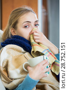 Young woman suffering of cold and having stuffy nose. Стоковое фото, фотограф Яков Филимонов / Фотобанк Лори