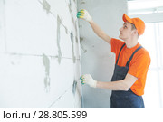 Plasterer installing screed on wall for plastering. Стоковое фото, фотограф Дмитрий Калиновский / Фотобанк Лори