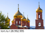 Свято-Воскресенский мужской монастырь. Собор в честь иконы Божией Матери «Отрада и Утешение». Тольятти, Самарская область. Золотые купола на фоне синего неба (2018 год). Стоковое фото, фотограф Дудакова / Фотобанк Лори