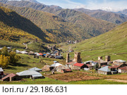 View of mountain village Ushguli with traditional Svan towers, Upper Svaneti, Georgia. Стоковое фото, фотограф Юлия Бабкина / Фотобанк Лори