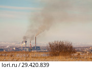 Smoking industrial pipes of the Krasnoyarsk. Black sky mode. Concept of dirty ecology. Стоковое фото, фотограф Владимир Пойлов / Фотобанк Лори